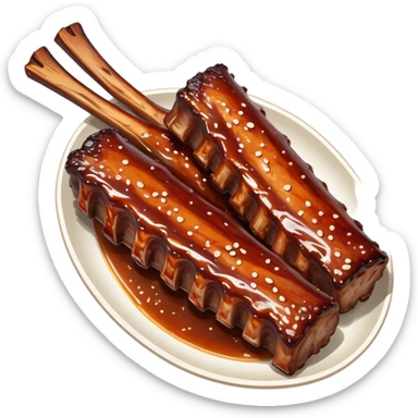 cinematic-realistic-barbeque-ribs-dish-emoji,-depicted-as-succulent,-slow-cooked-ribs-with-a-sticky-smoky-glaze-rendered-with-rich-textures-and-dynamic,-appetizing-lighting. baby back spare ribs sticker