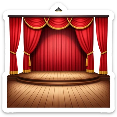 classic theatre stage with red curtains pulled to the sides, wooden floor, and spotlight focused at the center sticker