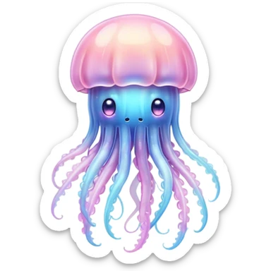 Cinematic floating kawaii jellyfish, tiny round body, soft glowing tentacles, pastel pink and blue hues, delicate sparkling highlights, dreamy and adorable. sticker