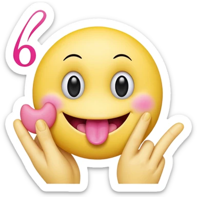 The image is a digital illustration of a yellow smiley face with big, round eyes and a big smile. The face is holding a pink tongue sticking out and making a 67 with its fingers. Above the face, The background is white. Like this but get rid of the text but make the hands do the numbers 67 sticker