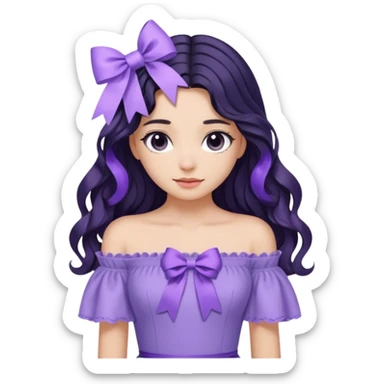 Girl with black wavy long hair and a ribbon hair clip beside it make it look like wearing a lavender off shoulder  sticker