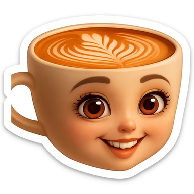 Edita la imagen para que el personaje de la taza de café  MANTENGA exactamente su estilo original,  y colores según la imagen de referencia. ELIMINA FONDO PARA QUE QUEDE TIPO EMOJI NO DBE TENER CUELLO.EL AZA O MANGA DE LA TAZA  DEBE SER COMPLETAMENTE VISIBLE sticker