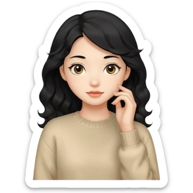 Beautiful girl,Black hair, wavy long hair,Black eyes,Chinese, beige sweater  sticker