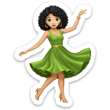 a woman with olive skin tone and curly black hair wearing green and dancing. full body, disco pose sticker