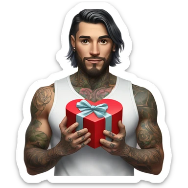 Hyper Realistic handsome tattooed man holding roses and a heart shaped gift box sticker