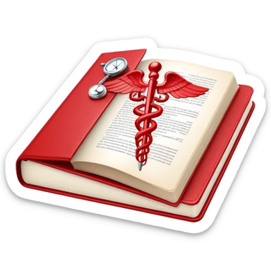 Medical textbook with red cover, caduceus symbol, open to a page showing anatomy sticker
