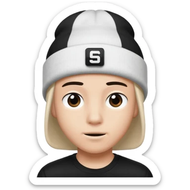 luca wearing a white beanie with a black square logo that says "Steven" on it
 sticker