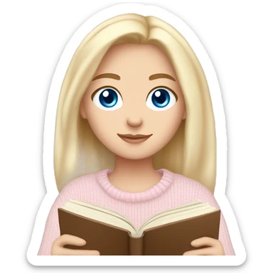Pretty blue eyed white girl with light pink sweater reading cozy sticker