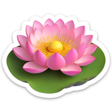 Detailed lotus flower with precise yellow seedpod center showing receptacle holes pattern, layered pink petals, and floating on botanically correct notched lotus leaf sticker