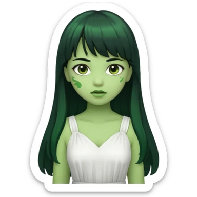 uma garota zumbi da pele verde com cabelo preto longo com franja e a roupa branca sticker