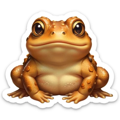 Cinematic Cute Toad Portrait Emoji, Head tilted playfully and inquisitively, featuring a charmingly plump form with bumpy, textured skin in rich earthy hues and round, sparkling eyes full of gentle mischief, Simplified yet irresistibly adorable features, highly detailed, glowing with a warm, friendly woodland glow, high shine, affectionate and lively, stylized with a touch of whimsical nature charm, soft glowing outline, capturing the essence of a mischievous yet loving toad that seems as if it could hop out of the screen into your arms! sticker