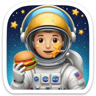 Astronaut floating in space, eating a juicy burger with cheese dripping, wearing a shiny helmet with a reflective visor, stars and Earth in the background, cartoonish style, vibrant colors, simple and fun emoji design. sticker