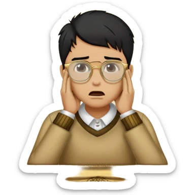 Make an apple choking emoji of a tan gender neutral person with black hair and gold frame glasses with their hand on their neck choking themselves  sticker