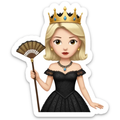 A stern queen with dark lace dress, holding a fan and observing with authority.
 sticker