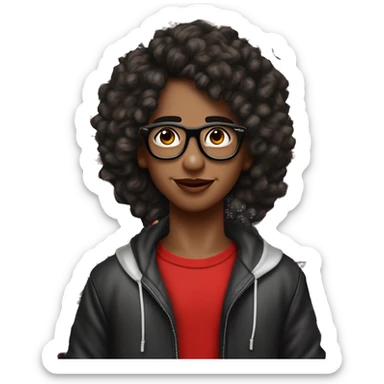 Un joven con gafas de marco negro, cabello oscuro y rizado, Lleva puesto un abrigo oscuro con detalles en blanco y rojo, una camiseta negra con estampados en rojo y blanco. Su expresión es relajada y feliz sticker