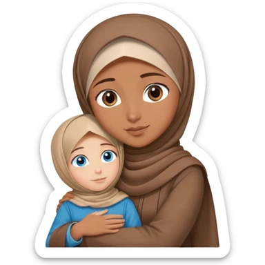 Turkish beautiful finish Konya girl blue eyes with brown beige hijab islamic dress and hugs with big boy brother  sticker