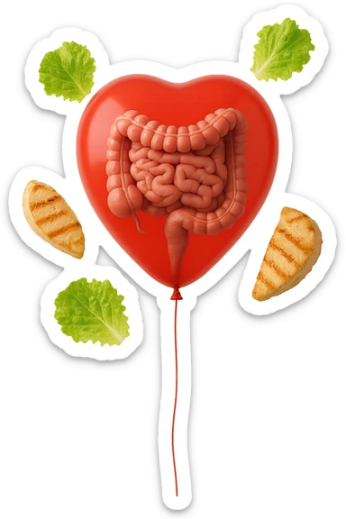 intestino anatomico realistico chiuso in un palloncino rosso e foglie di insalata e petto di pollo grigliato che fluttuano intorno sticker