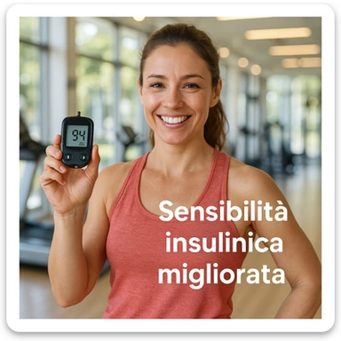 adult woman in sportswear smiling holding a glucometer showing normal values, satisfied expression, bright gym background, Italian text 'Sensibilità insulinica migliorata', 4K quality sticker
