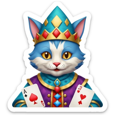 crazy colorful cute little cat jolly joker from poker, medieval, vintage, court jester, mac os icon, blue color, holds a single poker card sticker
