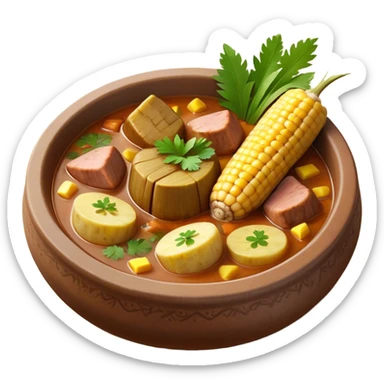 Cinematic Realistic Sancocho Antioqueño Emoji, depicting a hearty Colombian stew brimming with tender cuts of meat, yuca, plantains, corn on the cob, and potatoes in a rich, flavorful broth. Served in a rustic clay bowl with fresh cilantro and lime on the side, rendered with warm, inviting textures and homely, comforting lighting. sticker
