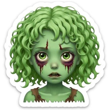 Uma garota zumbi com o cabelo cacheado baixo e mecha descolorida,olho meio grande e bonitos e rosto redondo bem fofinha e linda e com aparência de zumbi verde e meio assustadora com o semblante de cansada sticker