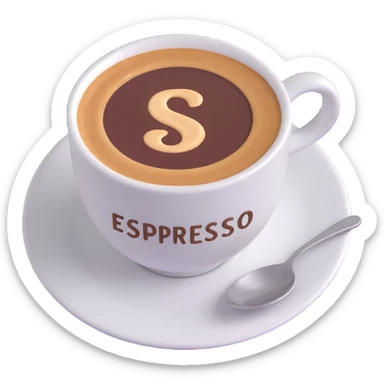 A cup of coffee with the word “Espresso” written on the foam, close-up, warm lighting, simple background sticker