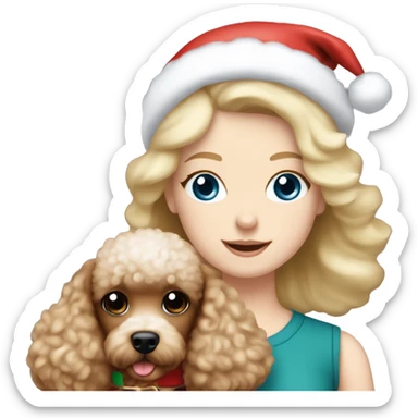 Pretty blue eyed white girl with blonde hair with a santa claus hat and holding a brown toy poodle sticker