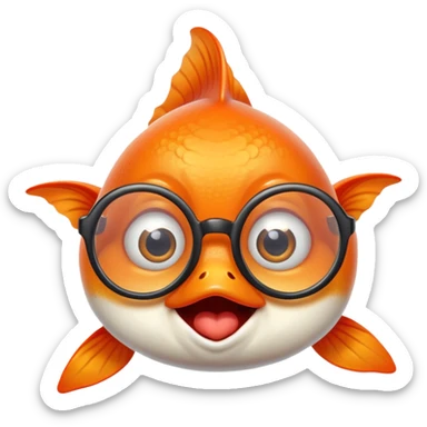 A goldfish with a silly facial expression wearing round eyeglasses perched on its face, comical look sticker