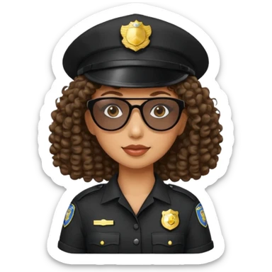 woman police wearing black dress with sun glasses curly hair and hat sticker