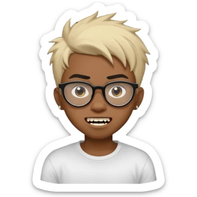 Black Male Teenager with Short punk messy blonde hair, Dark brown bushy eyebrows large expressive golden-brown eyes, wearing a plain white t-shirt, wearing thick black glasses, Dark Brown skin color. Showing off his singular vampire tooth sticker