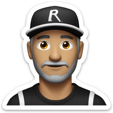 An adult white skin portrait of male with stubble and a slightly gray beard, brown hair, black eyes, wearing a black Reebok cap with a round emblem on his head, and a black sweater with three white stripes on the sleeves underneath. sticker