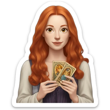 redhead white woman medium long straight hair, holding a tarot card in her hand sticker