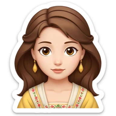 Cinematic Serene Belle Portrait Emoji, rendered in a simplified vector style. Depict a gentle Belle (chest and above) with fair, glowing skin, softly cascading brown hair, and a calm, inviting expression, dressed in her traditional village dress. The image exudes a soft, luminous glow and is outlined with a subtle, warm light. sticker