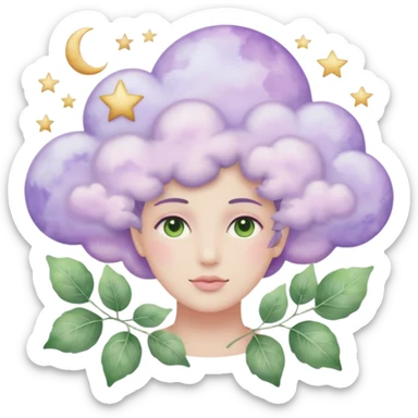 watercolor-style emoji of a human head silhouette with “AI” inside a lilac cloud, connected to a soft circuit shape. gentle pastel palette (sage green, blush, lilac), surrounded by leaves, moon, and stars — poetic and calm aesthetic. sticker