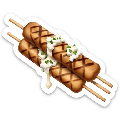 Souvlaki Cinematic Realistic Souvlaki Dish Emoji, depicted as skewered, grilled meat served with a side of crumbled feta cheese, rendered with rich textures and dynamic, appetizing lighting. sticker