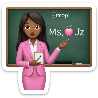 a brown skin teacher with hair with black straight long hair wearing pink not hot pink 2 piece set teaching up on a board the board says Ms. J sticker