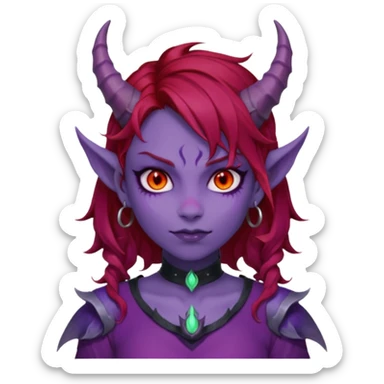 Demon Girl Purple Skin Dragon Horns Black Eyes Red Glowing Pupils Auburn Haired Red Shirt  sticker