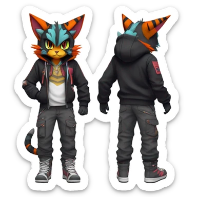 Cool Anthro Noivern-Litten-Lynx-Pokémon with edgy stripes hoodie spiked collar punk techwear Cargo Pants Full Body sticker