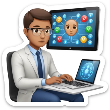 bussiness man technologist working on a laptop watching graphics sticker