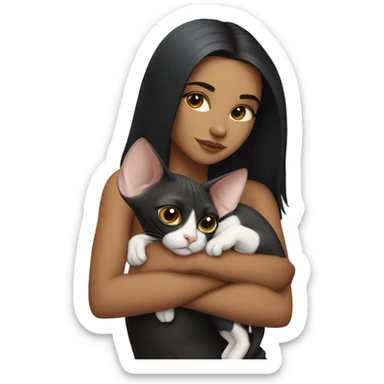 A girl with black hair hugs a sphinx cat sticker