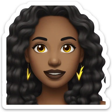 woman with medium, wavy black hair, dark brown eyes and long eyelashes, wearing neon lightning bolt earrings with a tongue piercing and a black top sticker