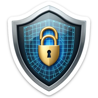 An icon featuring a shield with a padlock, a digital network grid, and binary code, symbolizing cybersecurity. The design includes a hacker’s silhouette, a firewall, and encrypted data flow, representing protection against cyber threats. Transparent background highlights digital security. sticker