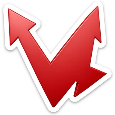 iOS-style 3D emoji: upward-pointing arrow with a zigzag line chart shape, glossy red surface, thick beveled edges, soft shadow, no text, no face sticker