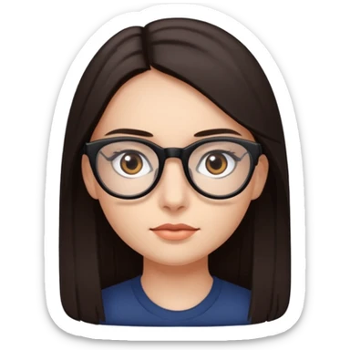 A girl with fair skin and dark brown eyes. Long, straight, dark brown hair. Black prescription glasses. sticker