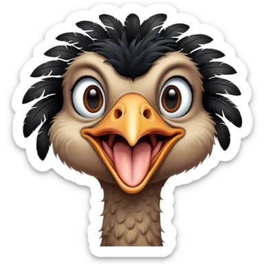 A cute cartoon adult male ostrich with black feathers. Mouth open. sticker