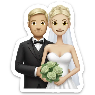 White humman man in a tuxedo, holding Alien reprilian woman in wedding dress, and one , hands getting married sticker