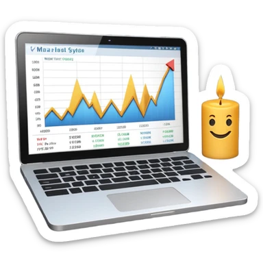 Minimal 3D emoji style laptop with stock market chart on screen, candlestick chart and small line graph, financial trading interface, neutral colors, professional look, clean shading, no bright colors, no brand logos, isolated on transparent background, modern emoji design sticker