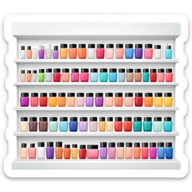 big beauty salon showcase with well-organized brand-labeled beauty products on a white shelves sticker