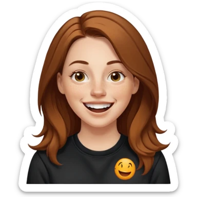 A 38 year old white woman with long brunette hair parted in the middle. She has her nose pierced. Her nose is medium sized. She has brown eyes. She has freckles and is wearing a black sweatshirt and is laughing  sticker