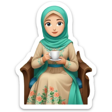 Turkish beautiful finish Konya girls blue eyes with Beautiful light brown green floral hijab long tail dress and in a lovely garden sits on the chair on the ground and holds cup coffe with her hand  sticker